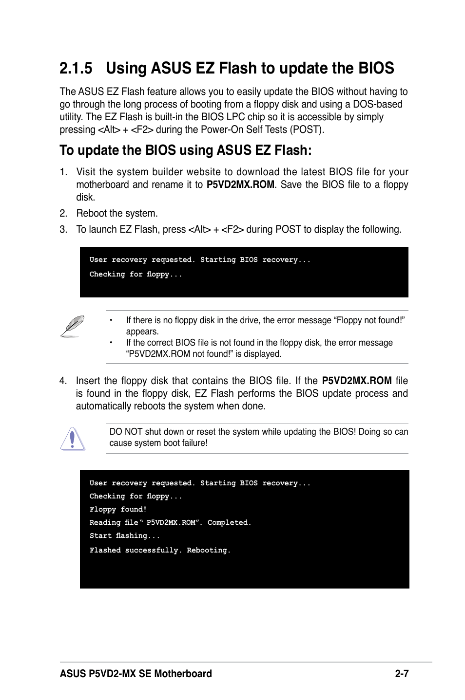 5 using asus ez flash to update the bios | Asus P5VD2-MX SE User Manual | Page 47 / 78