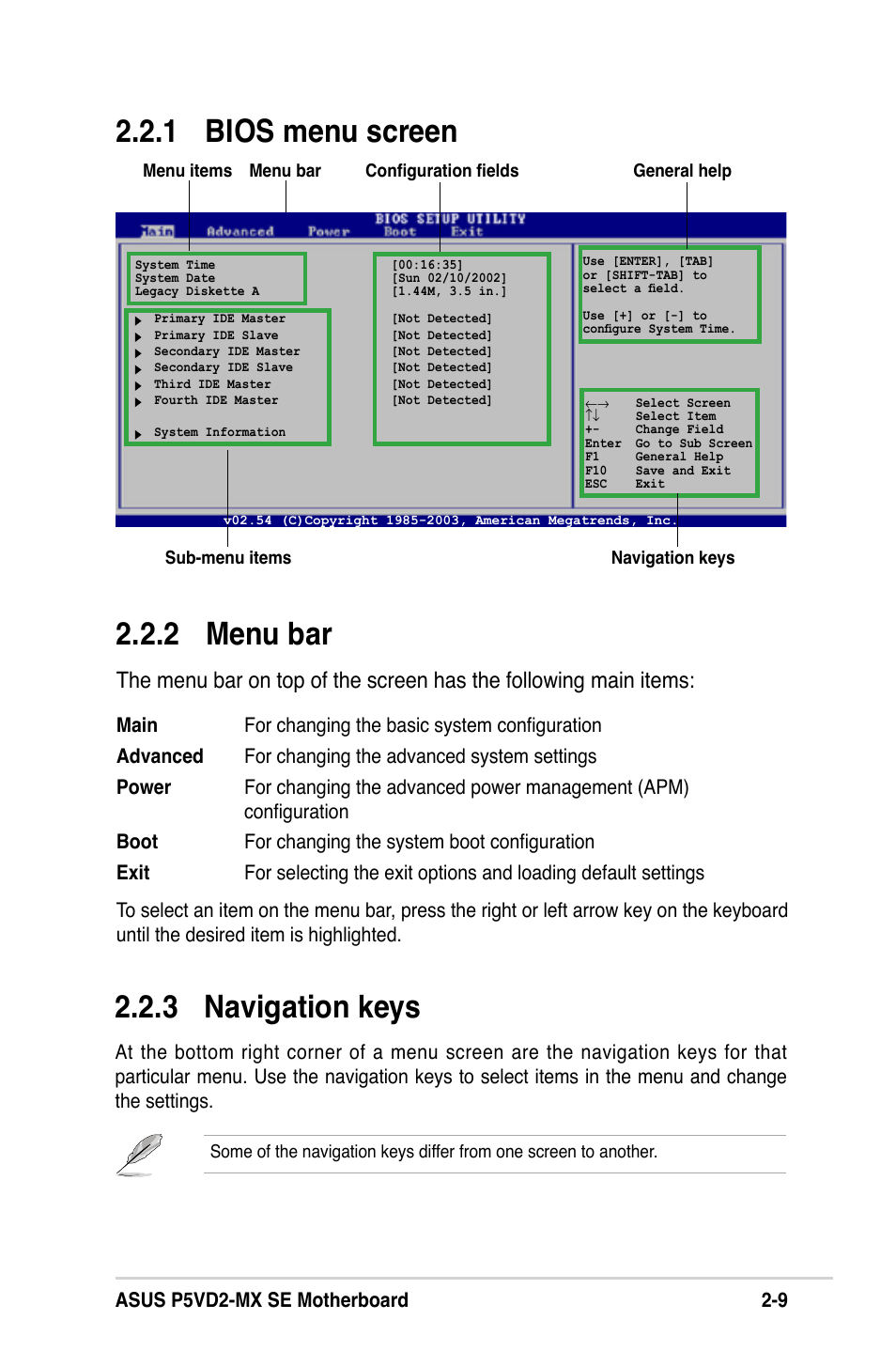 2 menu bar, 1 bios menu screen 2.2.3 navigation keys, Asus p5vd2-mx se motherboard 2-9 | Asus P5VD2-MX SE User Manual | Page 49 / 78