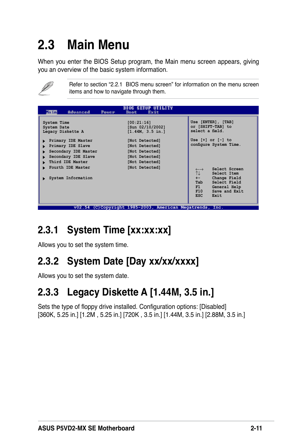 3 main menu, 1 system time [xx:xx:xx, Allows you to set the system time | Allows you to set the system date | Asus P5VD2-MX SE User Manual | Page 51 / 78