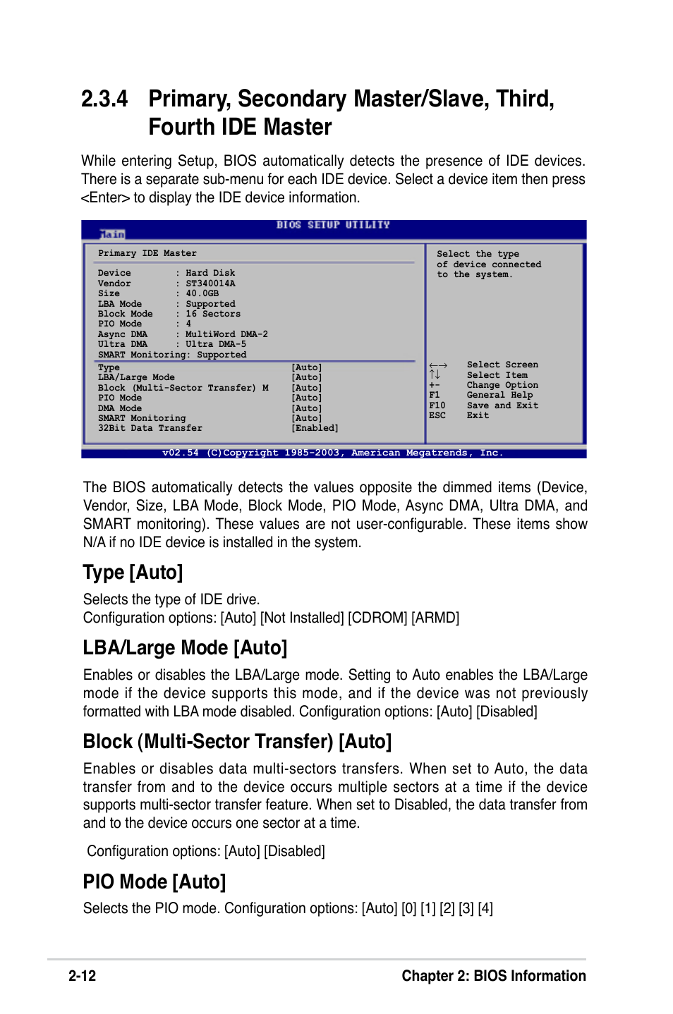 Type [auto, Lba/large mode [auto, Block (multi-sector transfer) [auto | Pio mode [auto, 12 chapter 2: bios information | Asus P5VD2-MX SE User Manual | Page 52 / 78