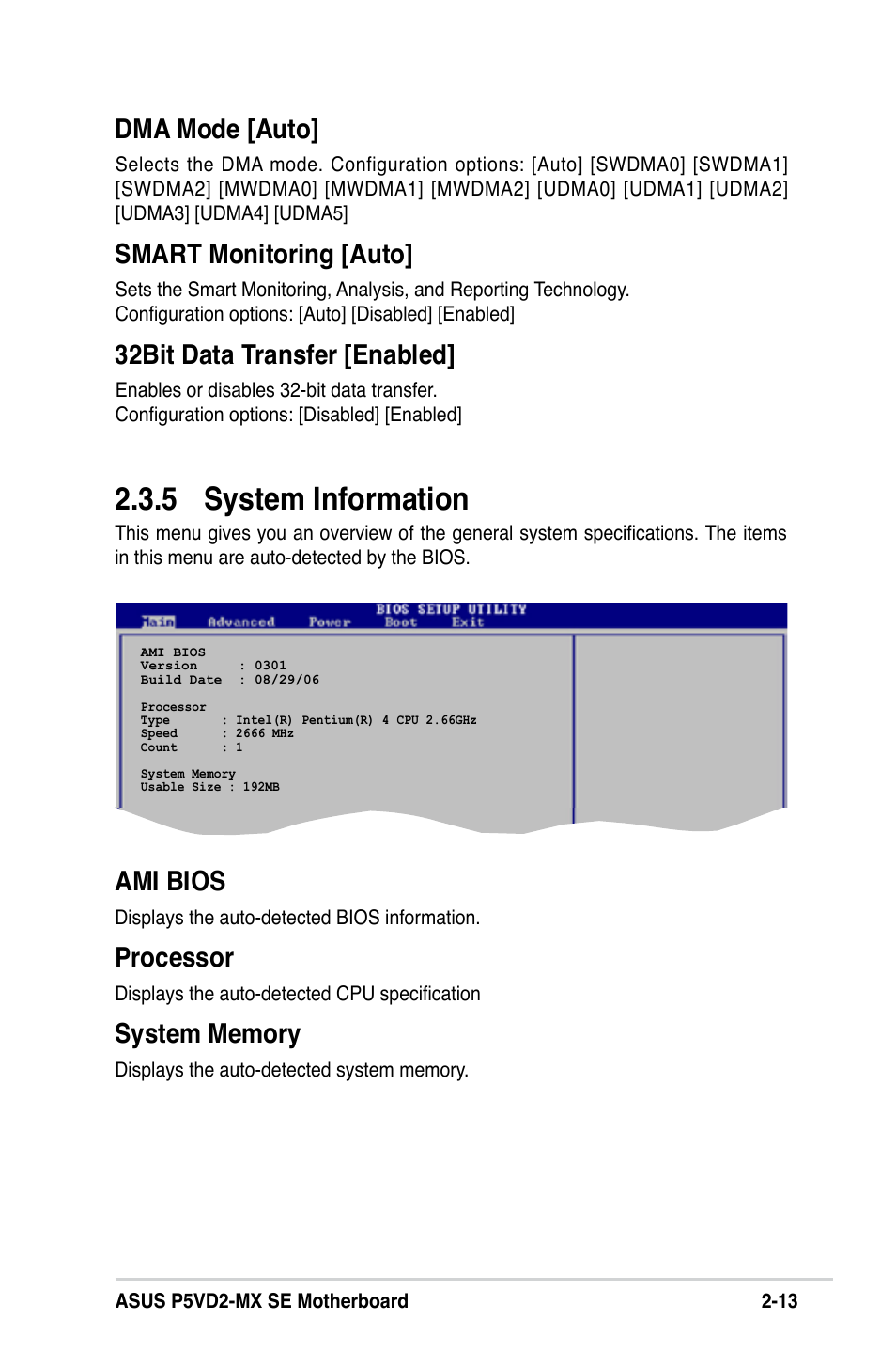 5 system information, Dma mode [auto, Smart monitoring [auto | 32bit data transfer [enabled, Ami bios, Processor | Asus P5VD2-MX SE User Manual | Page 53 / 78