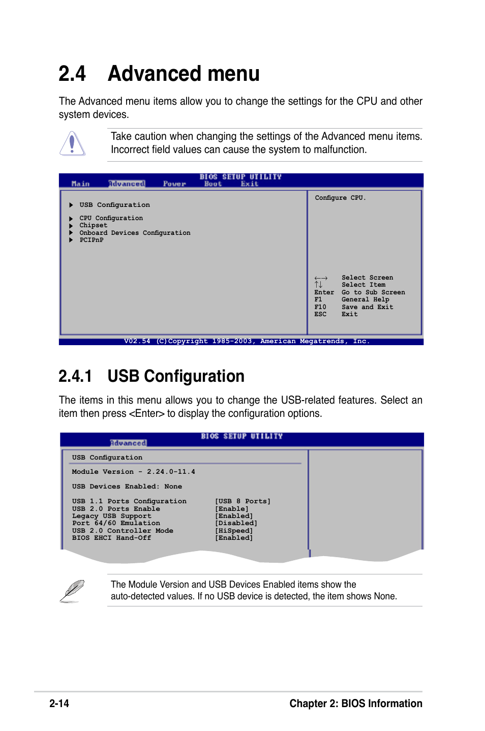  advanced menu, 1 usb configuration, 1 chapter 2: bios information | Asus P5VD2-MX SE User Manual | Page 54 / 78