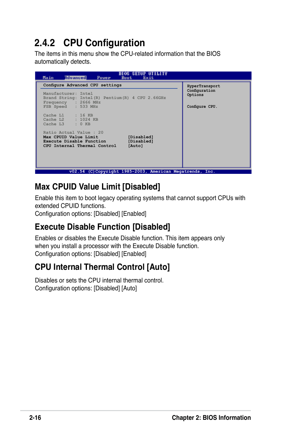 2 cpu configuration, Max cpuid value limit [disabled, Execute disable function [disabled | Cpu internal thermal control [auto | Asus P5VD2-MX SE User Manual | Page 56 / 78