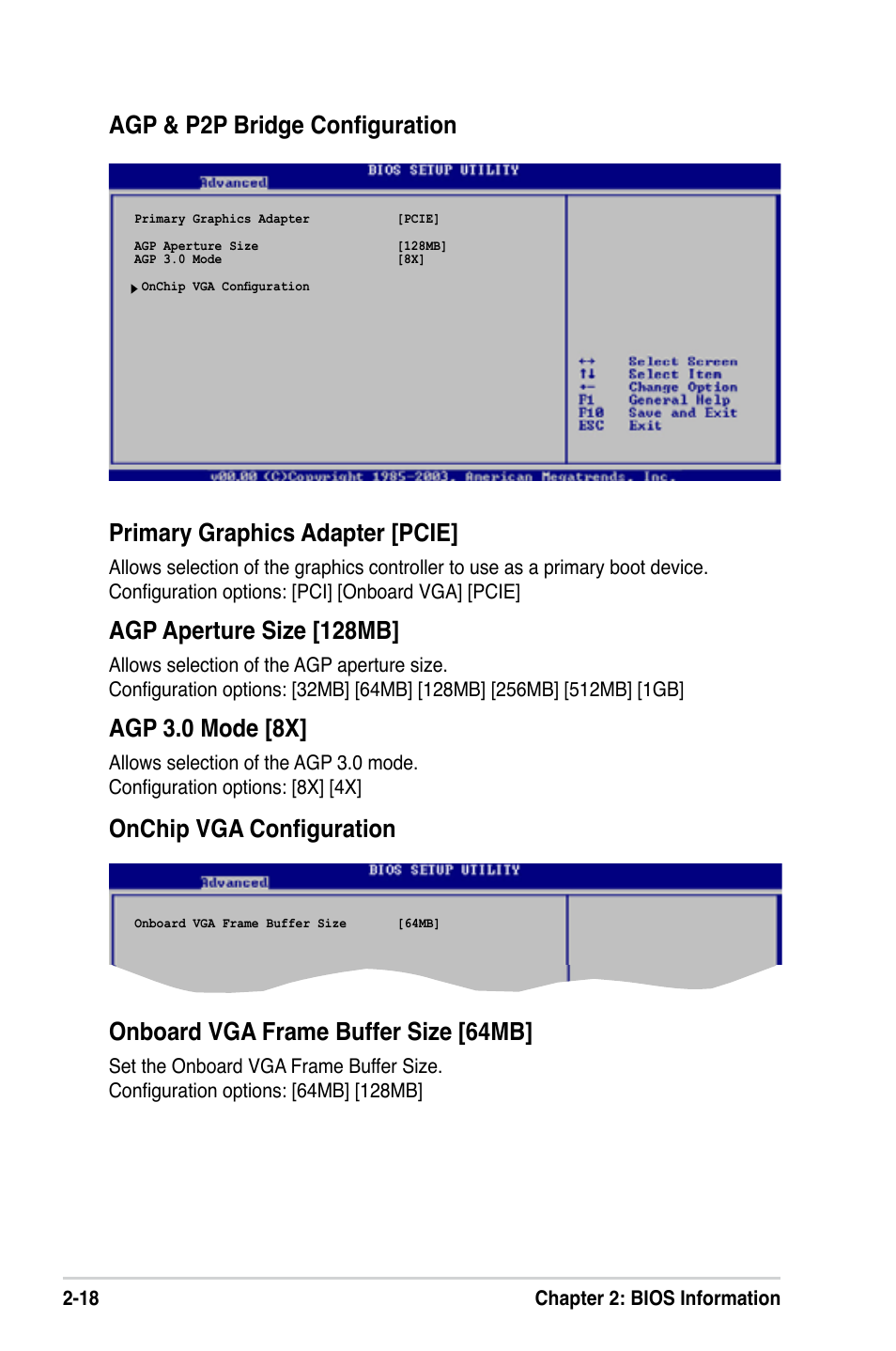Primary graphics adapter [pcie, Agp aperture size [128mb, Agp 3.0 mode [8x | Onboard vga frame buffer size [64mb | Asus P5VD2-MX SE User Manual | Page 58 / 78