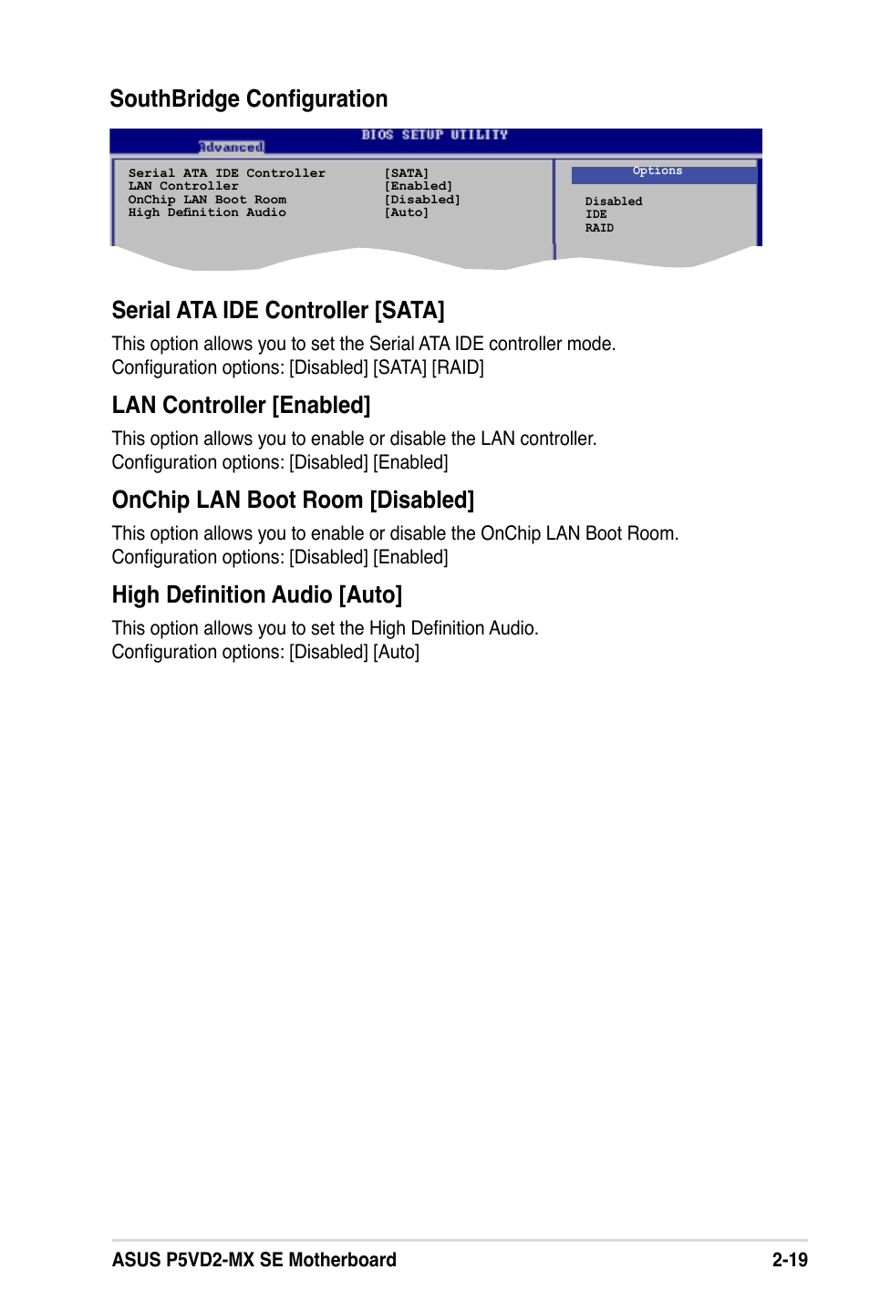 Lan controller [enabled, Onchip lan boot room [disabled, High definition audio [auto | Asus P5VD2-MX SE User Manual | Page 59 / 78