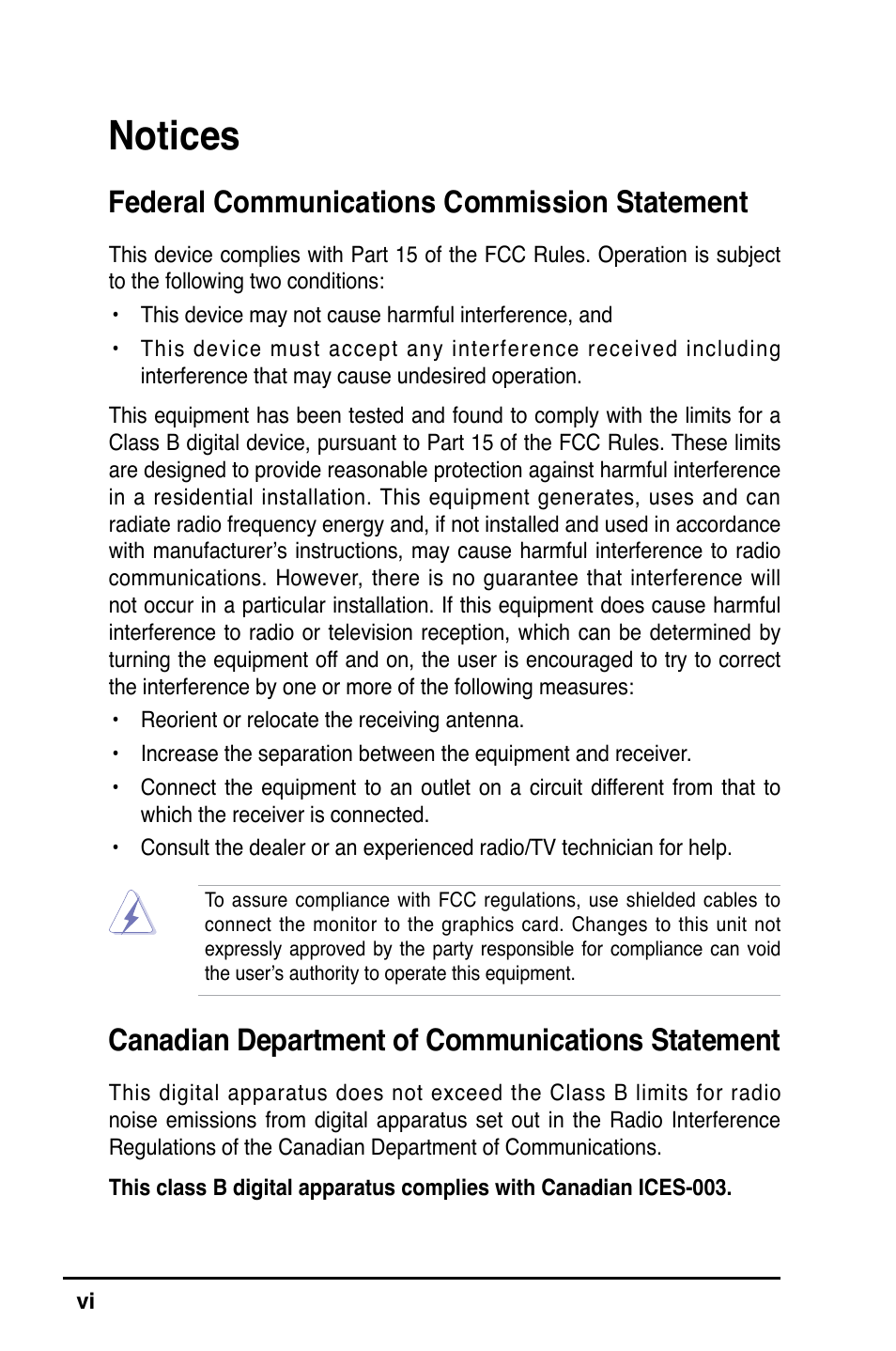 Notices, Federal communications commission statement, Canadian department of communications statement | Asus P5VD2-MX SE User Manual | Page 6 / 78