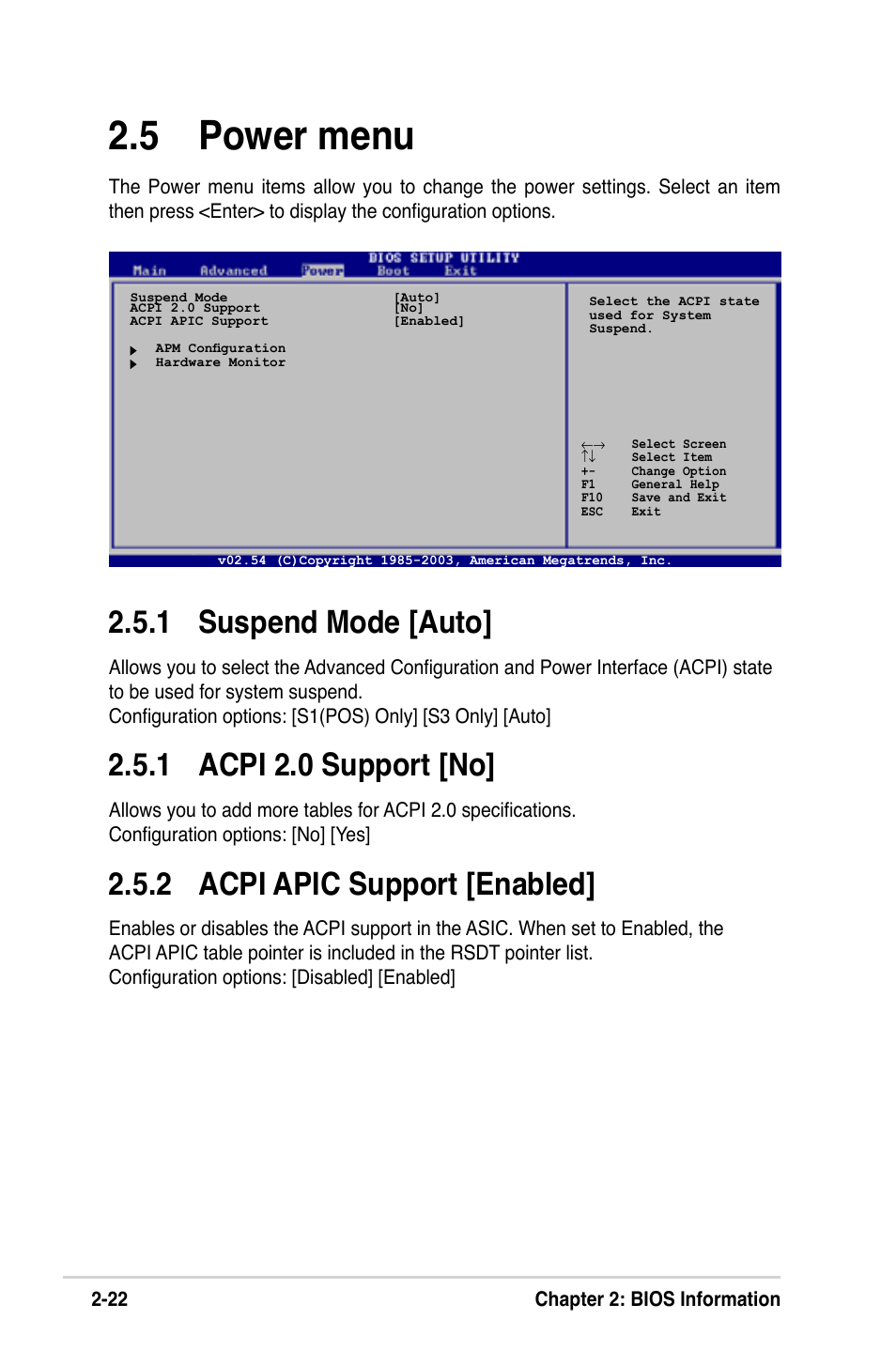 5 power menu, 1 suspend mode [auto, 1 acpi 2.0 support [no | 2 acpi apic support [enabled | Asus P5VD2-MX SE User Manual | Page 62 / 78