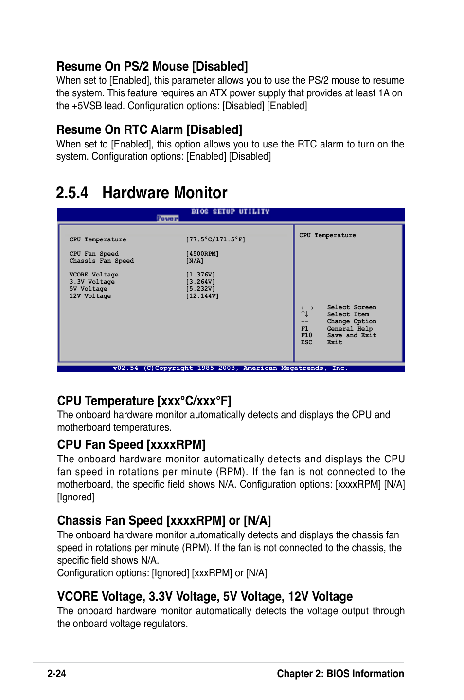  hardware monitor, Cpu temperature [xxx°c/xxx°f, Resume on ps/2 mouse [disabled | Resume on rtc alarm [disabled | Asus P5VD2-MX SE User Manual | Page 64 / 78