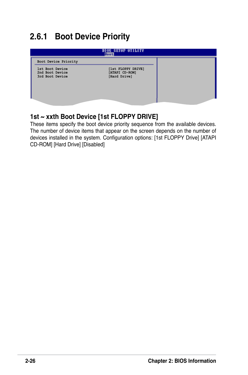 1 boot device priority, 1st ~ xxth boot device [1st floppy drive, 26 chapter 2: bios information | Asus P5VD2-MX SE User Manual | Page 66 / 78