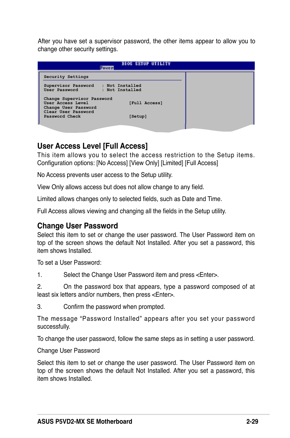 User access level [full access, Change user password | Asus P5VD2-MX SE User Manual | Page 69 / 78