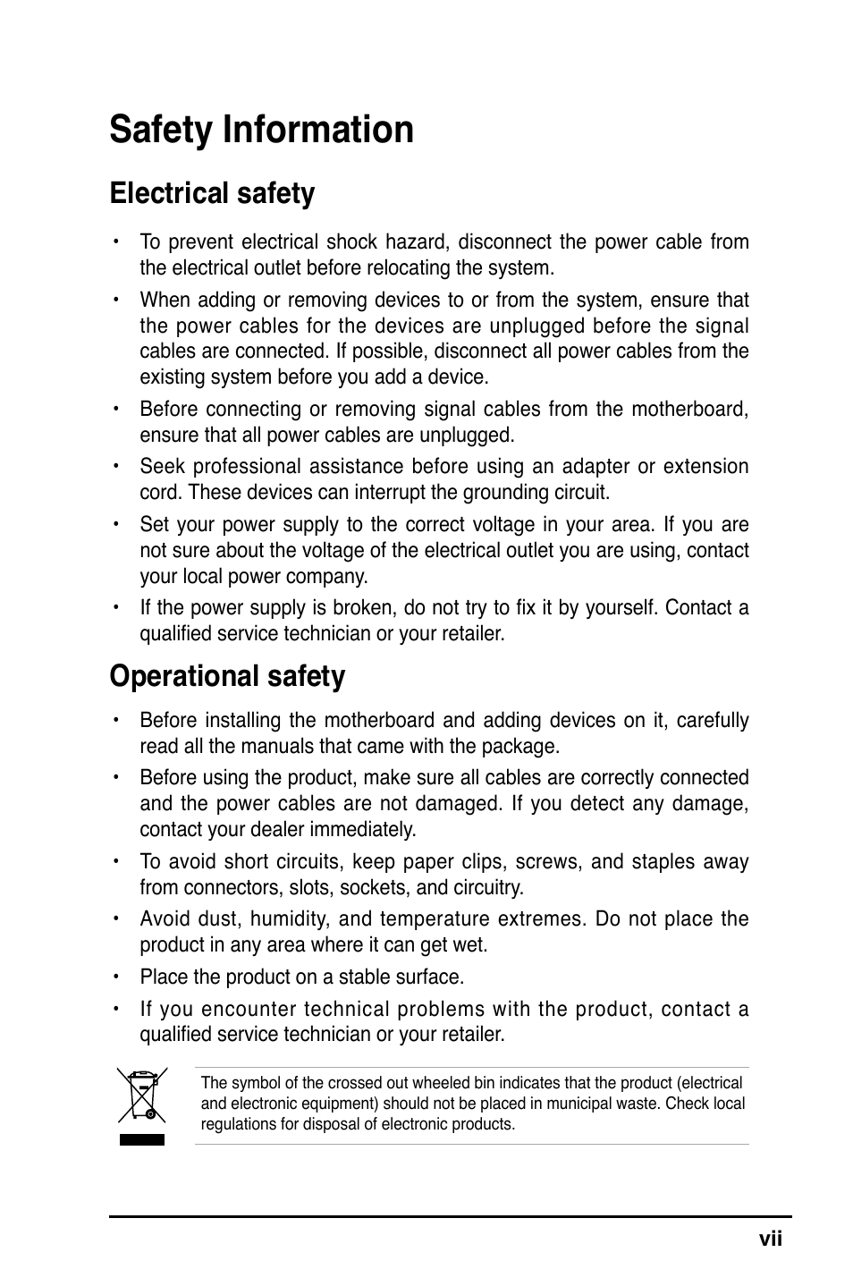 Safety information, Electrical safety, Operational safety | Asus P5VD2-MX SE User Manual | Page 7 / 78