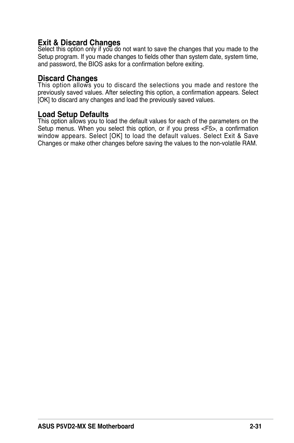 Exit & discard changes, Discard changes, Load setup defaults | Asus P5VD2-MX SE User Manual | Page 71 / 78