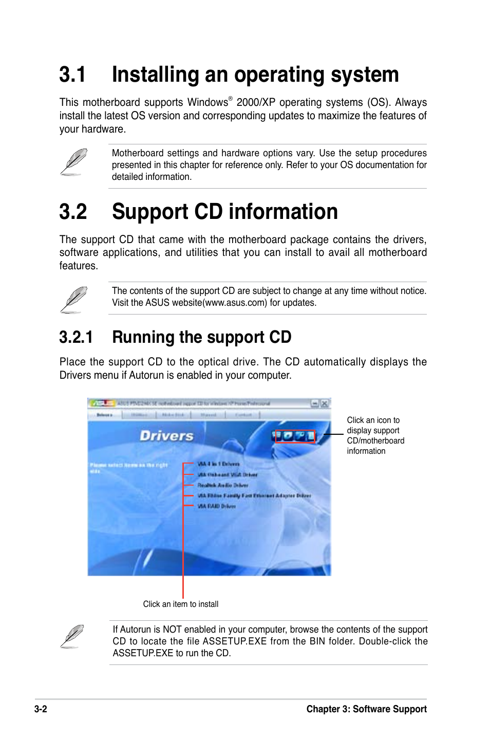 1 installing an operating system, 2 support cd information, 1 running the support cd | Asus P5VD2-MX SE User Manual | Page 74 / 78