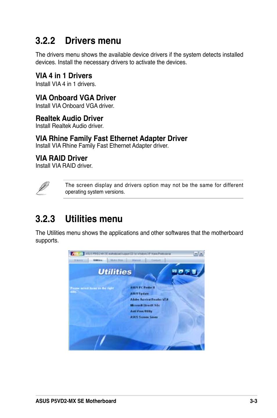 2 drivers menu, 3 utilities menu | Asus P5VD2-MX SE User Manual | Page 75 / 78