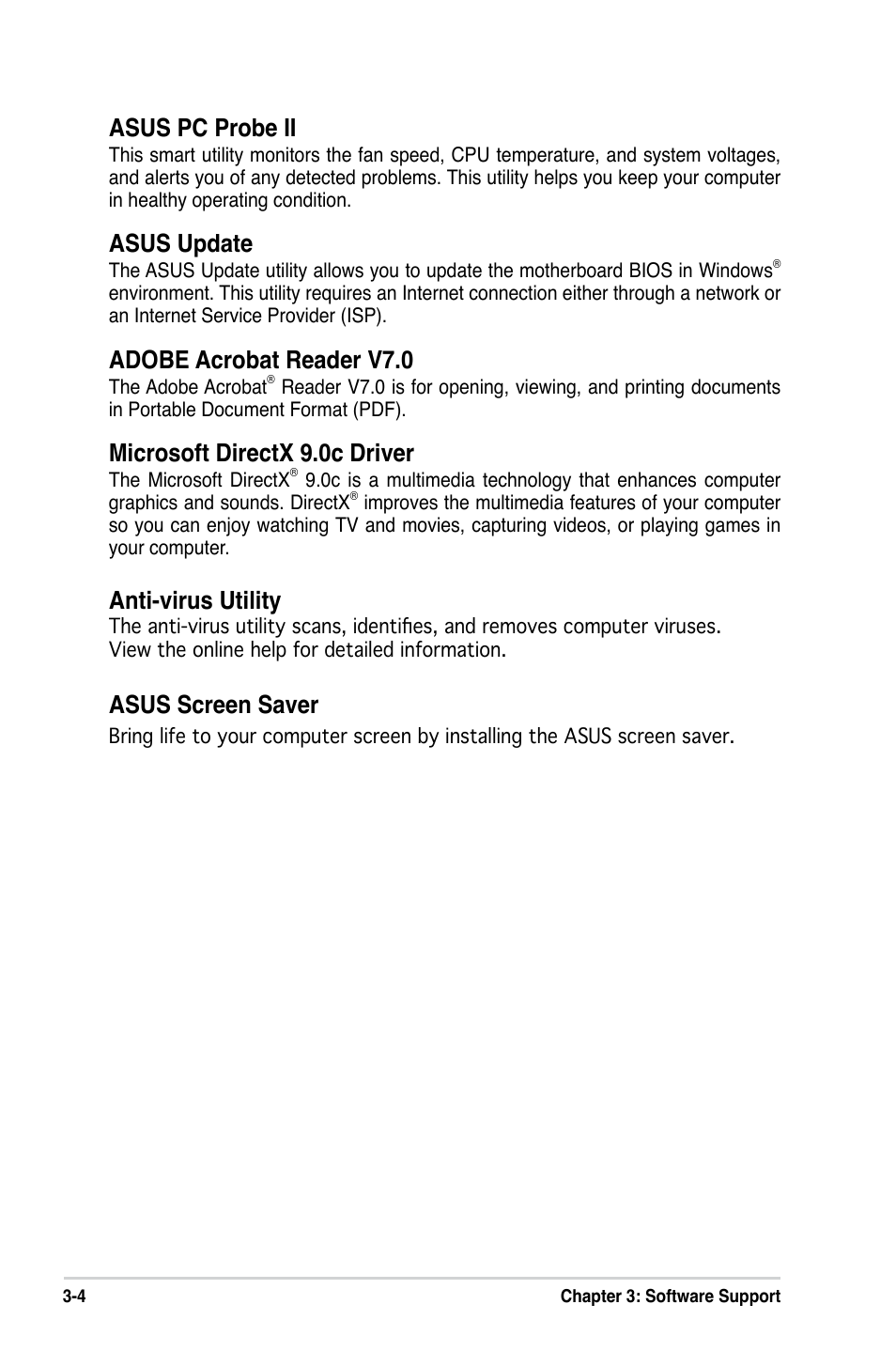 Asus pc probe ii, Asus update, Adobe acrobat reader v7.0 | Microsoft directx 9.0c driver, Anti-virus utility, Asus screen saver | Asus P5VD2-MX SE User Manual | Page 76 / 78