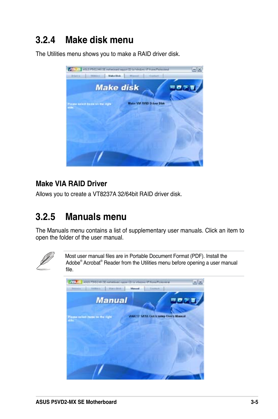  make disk menu, 5 manuals menu, Make via raid driver | Asus P5VD2-MX SE User Manual | Page 77 / 78