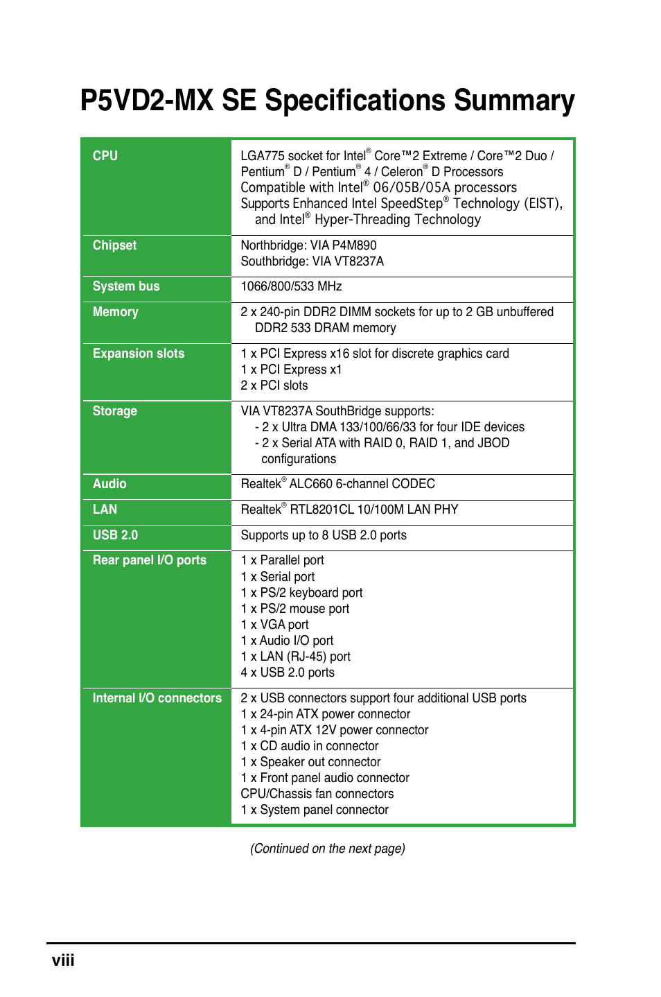 P5vd2-mx se specifications summary, Viii | Asus P5VD2-MX SE User Manual | Page 8 / 78