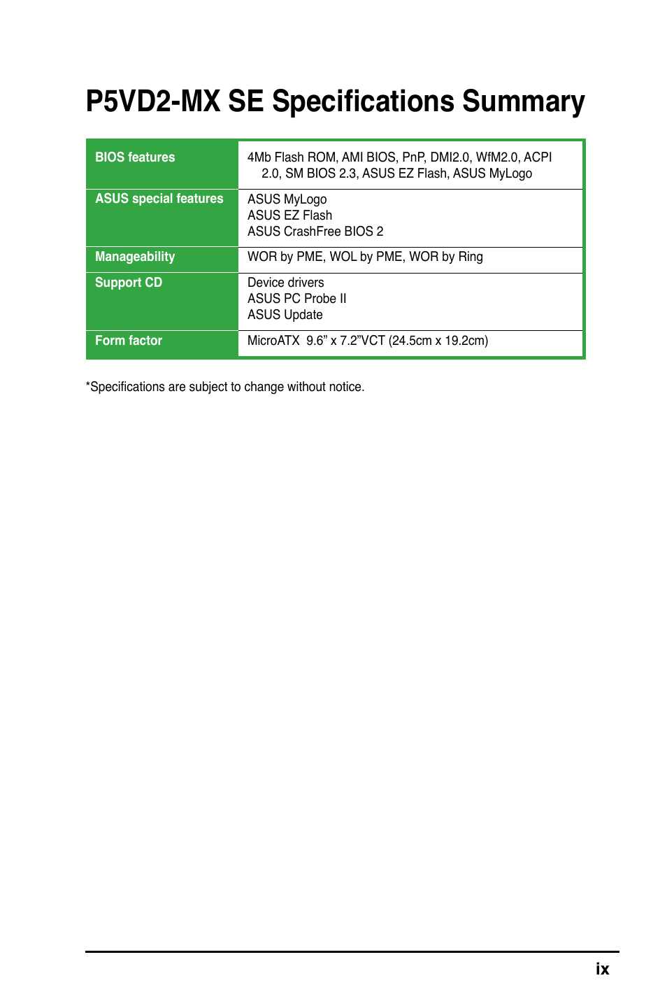 P5vd2-mx se specifications summary | Asus P5VD2-MX SE User Manual | Page 9 / 78