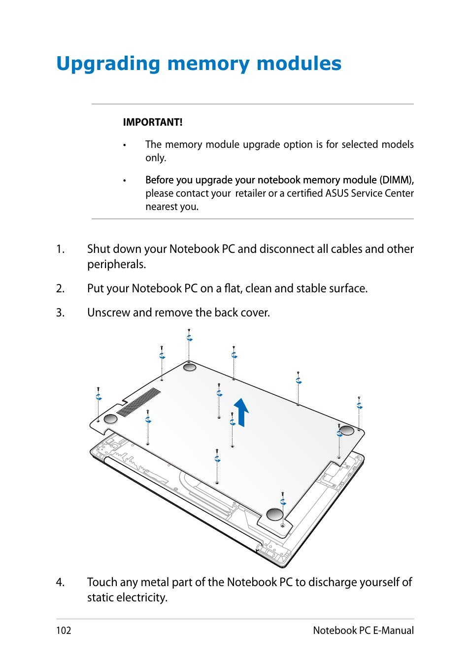 Upgrading memory modules | Asus V551LB User Manual | Page 102 / 138