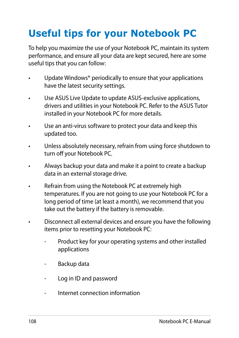 Useful tips for your notebook pc | Asus V551LB User Manual | Page 108 / 138