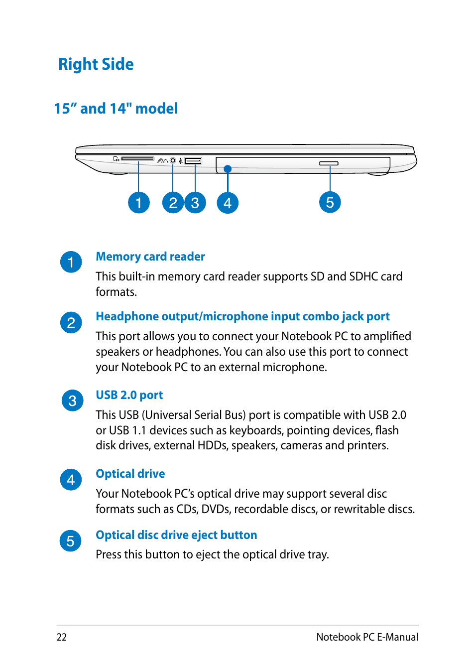 Right side, 15” and 14" model | Asus V551LB User Manual | Page 22 / 138