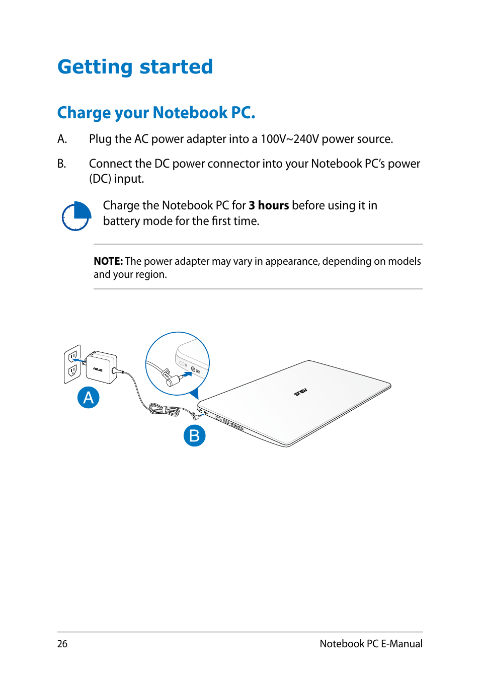 Getting started, Charge your notebook pc | Asus V551LB User Manual | Page 26 / 138