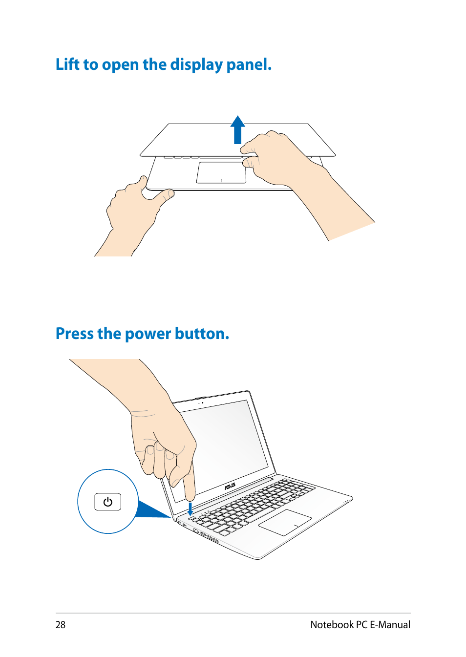 Lift to open the display panel, Press the power button | Asus V551LB User Manual | Page 28 / 138