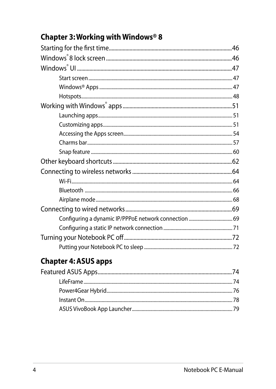 Chapter 3: working with windows® 8, Chapter 4: asus apps | Asus V551LB User Manual | Page 4 / 138