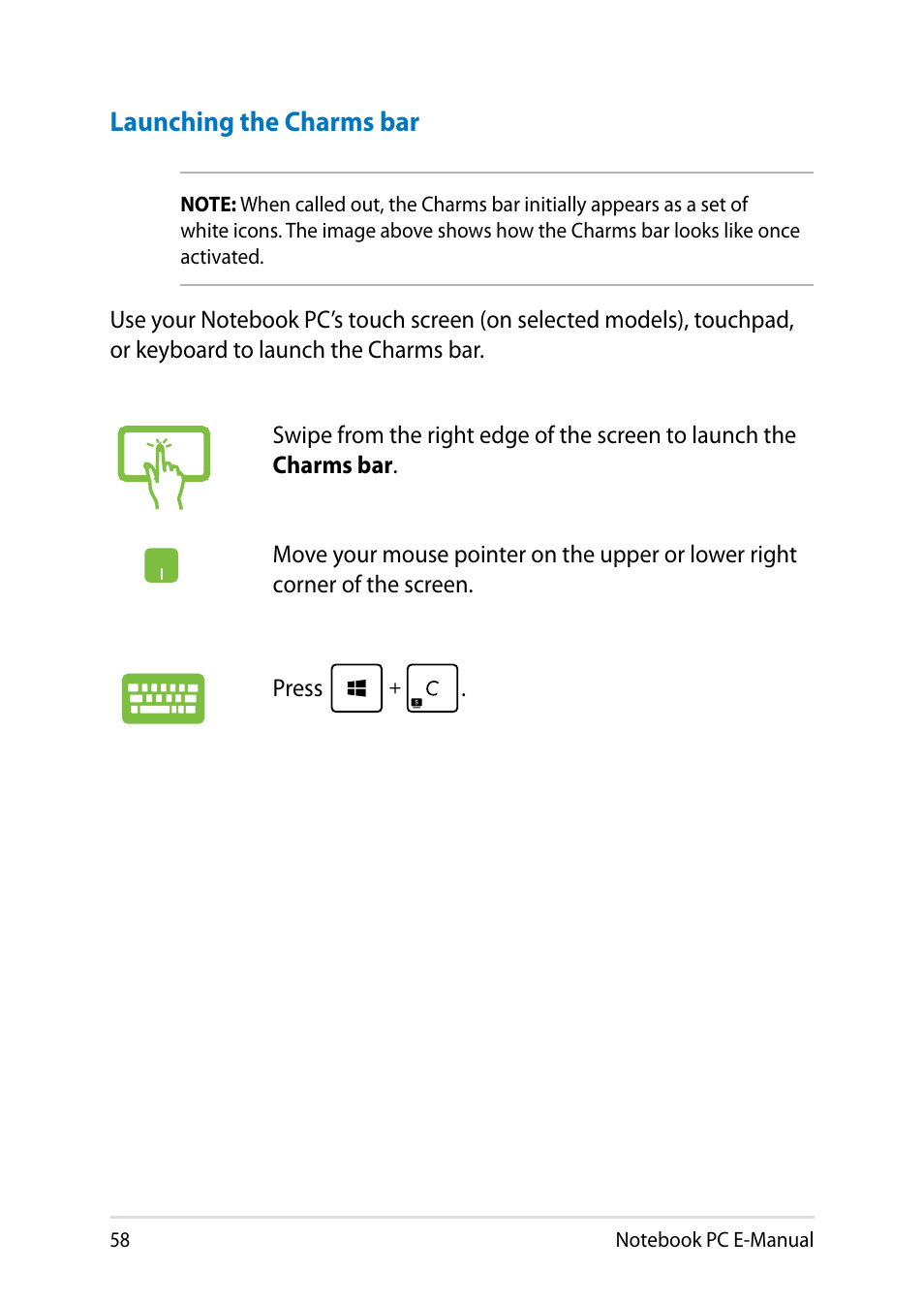 Launching the charms bar | Asus V551LB User Manual | Page 58 / 138