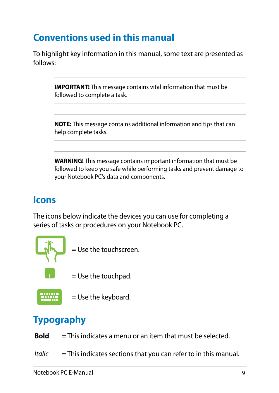 Conventions used in this manual, Icons, Typography | Conventions used in this manual icons typography | Asus V551LB User Manual | Page 9 / 138