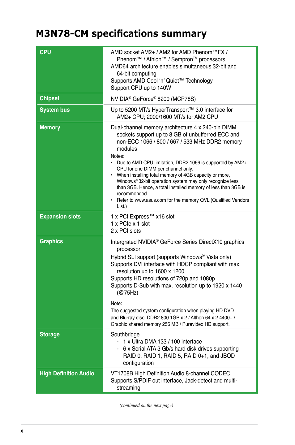 M3n78-cm specifications summary | Asus M3N78-CM User Manual | Page 10 / 110