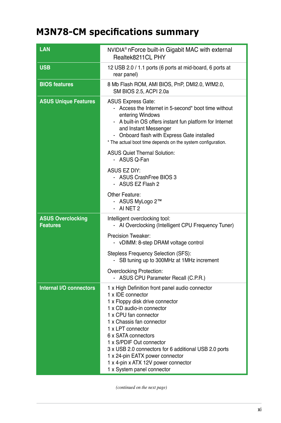 M3n78-cm specifications summary | Asus M3N78-CM User Manual | Page 11 / 110