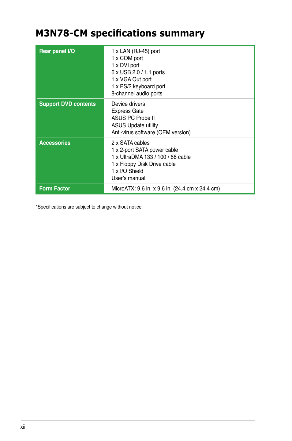 M3n78-cm specifications summary | Asus M3N78-CM User Manual | Page 12 / 110