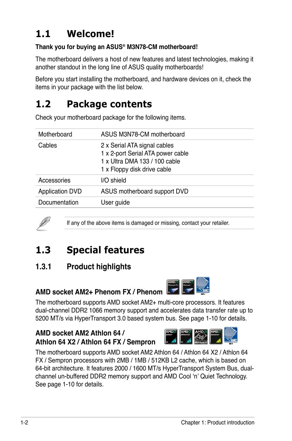 1 welcome, 2 package contents, 3 special features | 1 product highlights | Asus M3N78-CM User Manual | Page 14 / 110