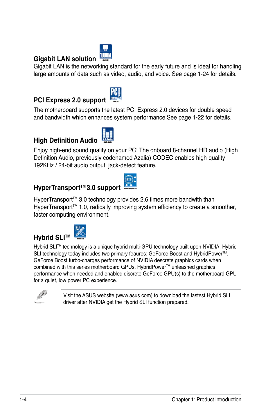 Gigabit lan solution, Pci express 2.0 support, High definition audio | Hypertransport, 0 support, Hybrid sli | Asus M3N78-CM User Manual | Page 16 / 110