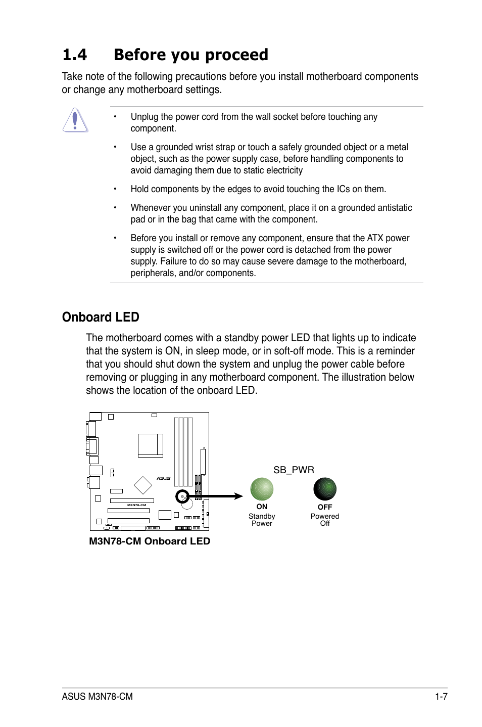 4 before you proceed, Onboard led | Asus M3N78-CM User Manual | Page 19 / 110