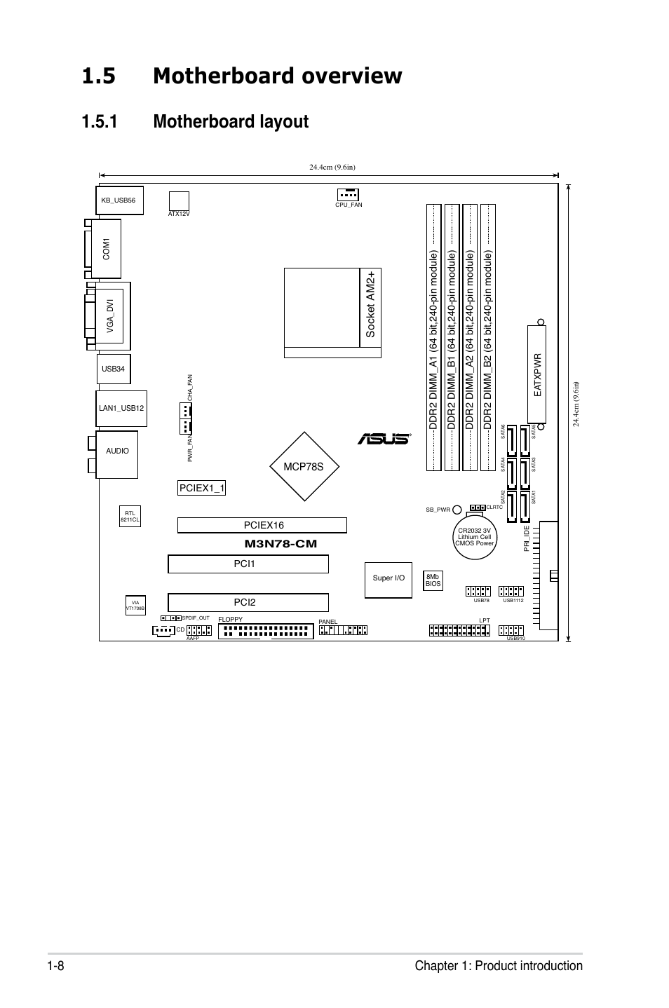 5 motherboard overview, 1 motherboard layout, 8 chapter 1: product introduction | Socket am2, Mcp78s | Asus M3N78-CM User Manual | Page 20 / 110