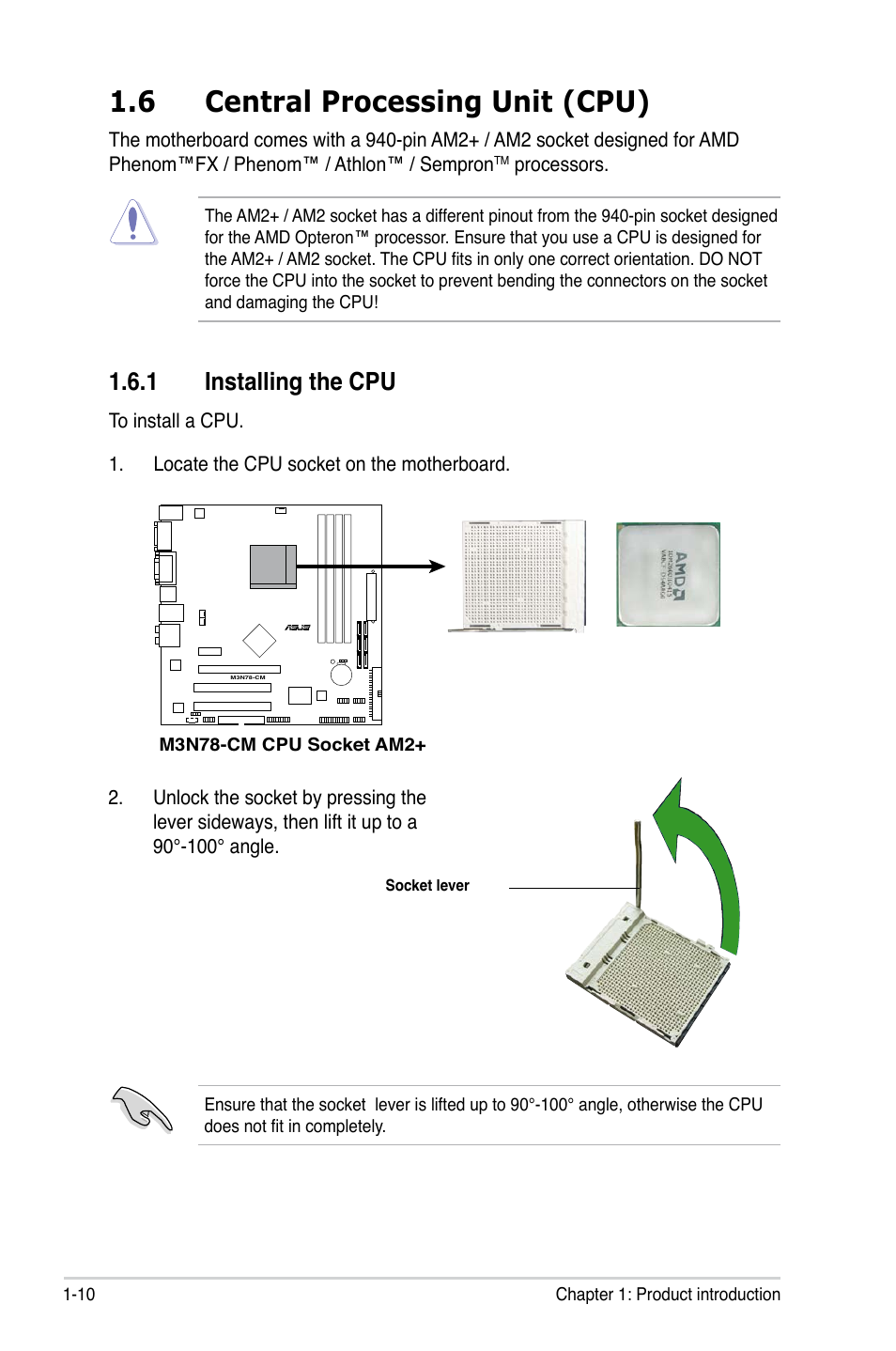 6 central processing unit (cpu), 1 installing the cpu | Asus M3N78-CM User Manual | Page 22 / 110