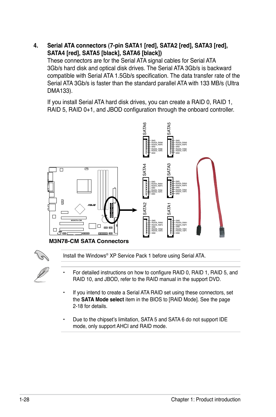 28 chapter 1: product introduction, Install the windows, M3n78-cm sata connectors | Asus M3N78-CM User Manual | Page 40 / 110