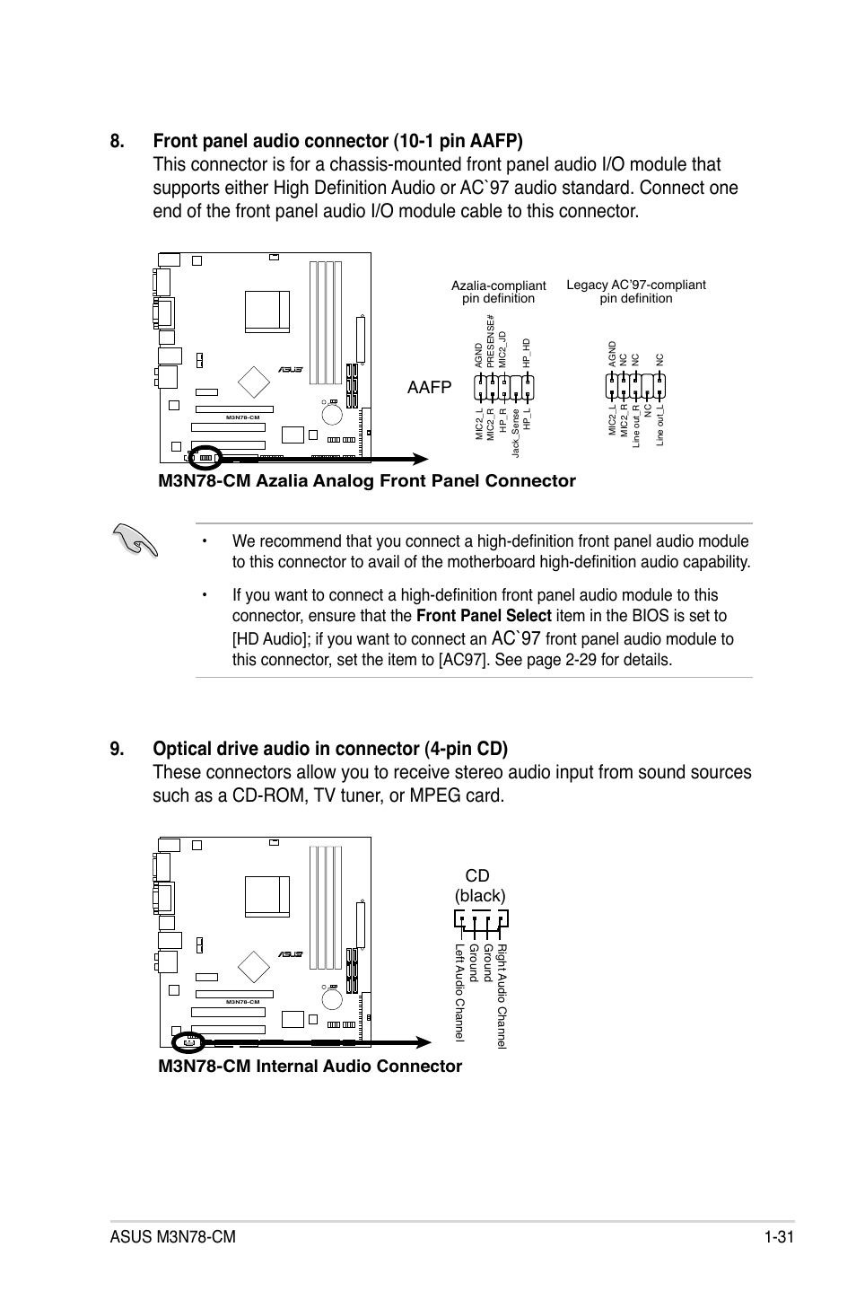 Ac`97, M3n78-cm azalia analog front panel connector, Aafp | M3n78-cm internal audio connector cd (black) | Asus M3N78-CM User Manual | Page 43 / 110