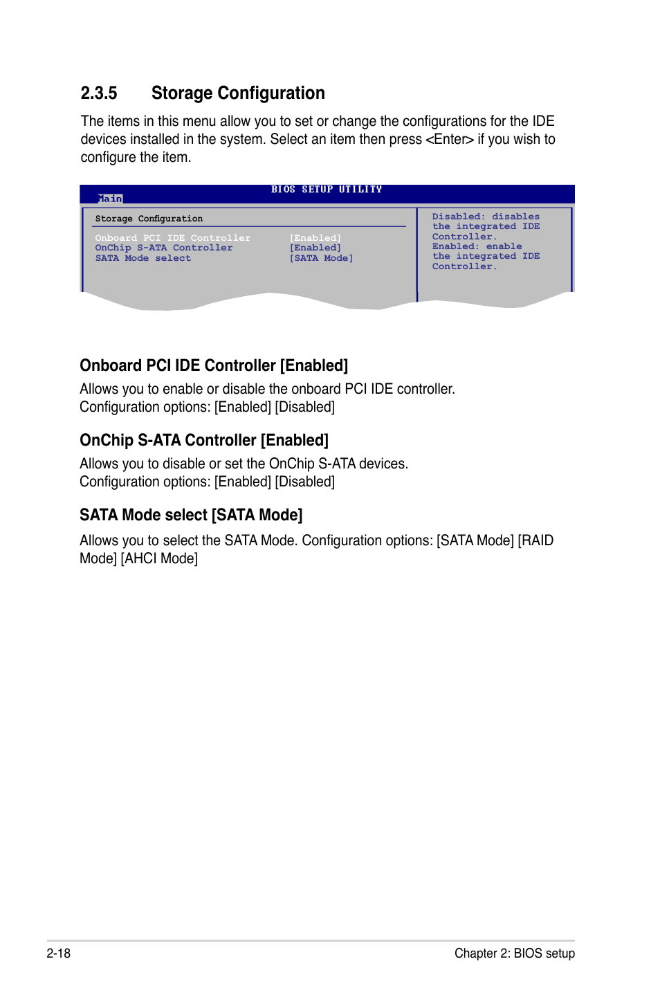 5 storage configuration, Onboard pci ide controller [enabled, Onchip s-ata controller [enabled | Sata mode select [sata mode | Asus M3N78-CM User Manual | Page 64 / 110