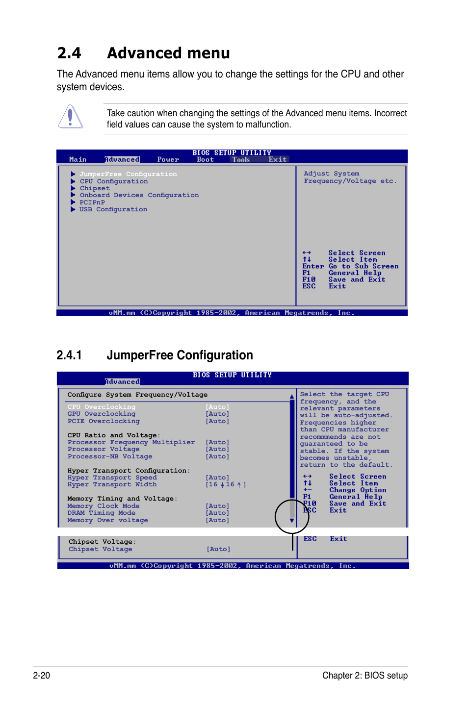 4 advanced menu, 1 jumperfree configuration, 20 chapter 2: bios setup | Asus M3N78-CM User Manual | Page 66 / 110