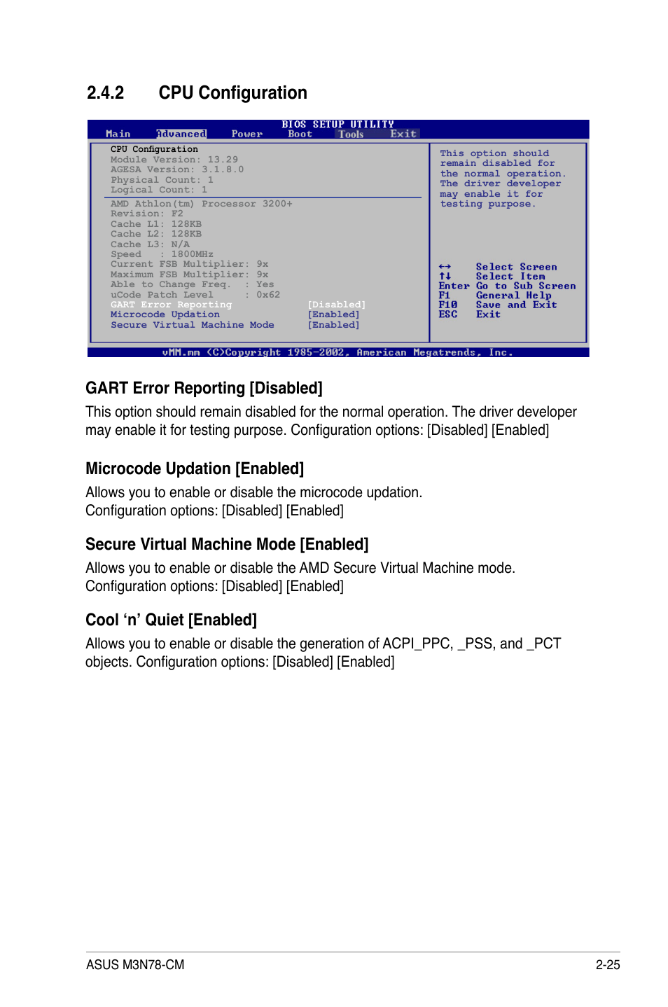 2 cpu configuration, Gart error reporting [disabled, Microcode updation [enabled | Secure virtual machine mode [enabled, Cool ‘n’ quiet [enabled | Asus M3N78-CM User Manual | Page 71 / 110