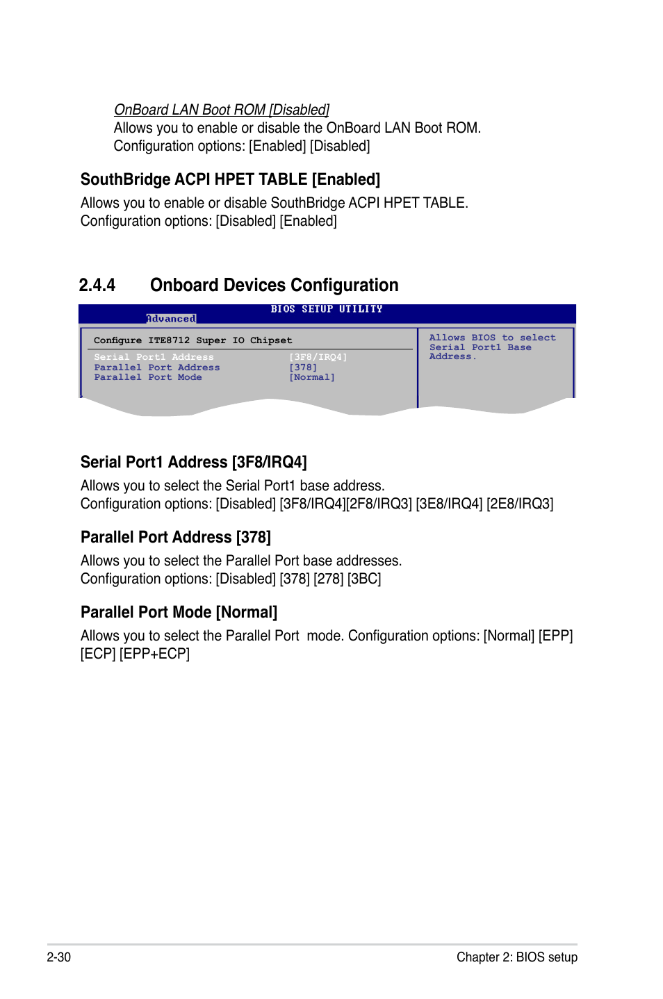 4 onboard devices configuration, Serial port1 address [3f8/irq4, Parallel port address [378 | Parallel port mode [normal, Southbridge acpi hpet table [enabled | Asus M3N78-CM User Manual | Page 76 / 110