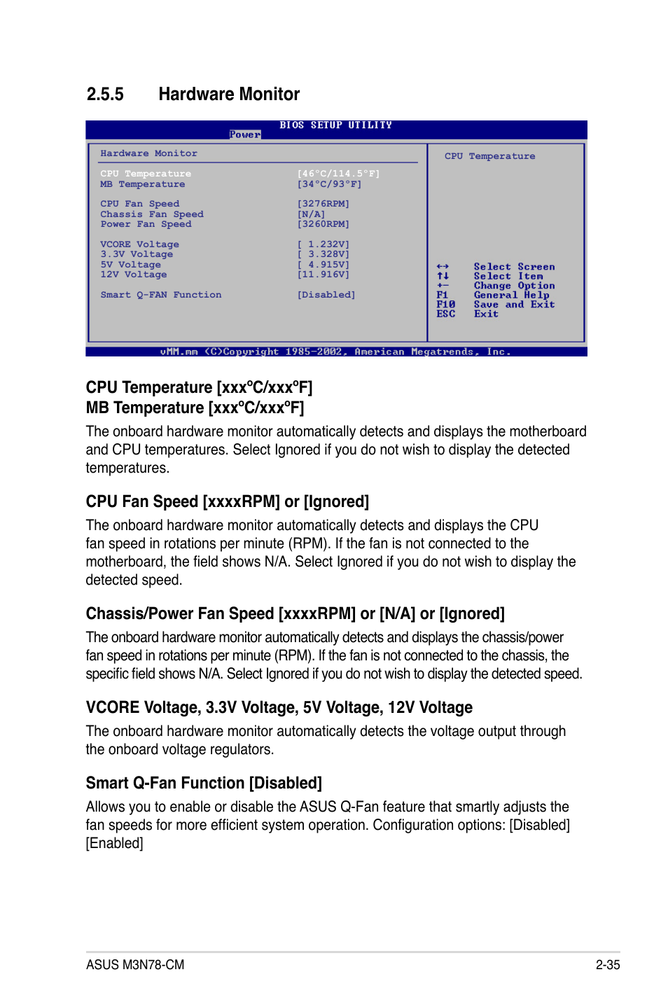 5 hardware monitor, Smart q-fan function [disabled | Asus M3N78-CM User Manual | Page 81 / 110