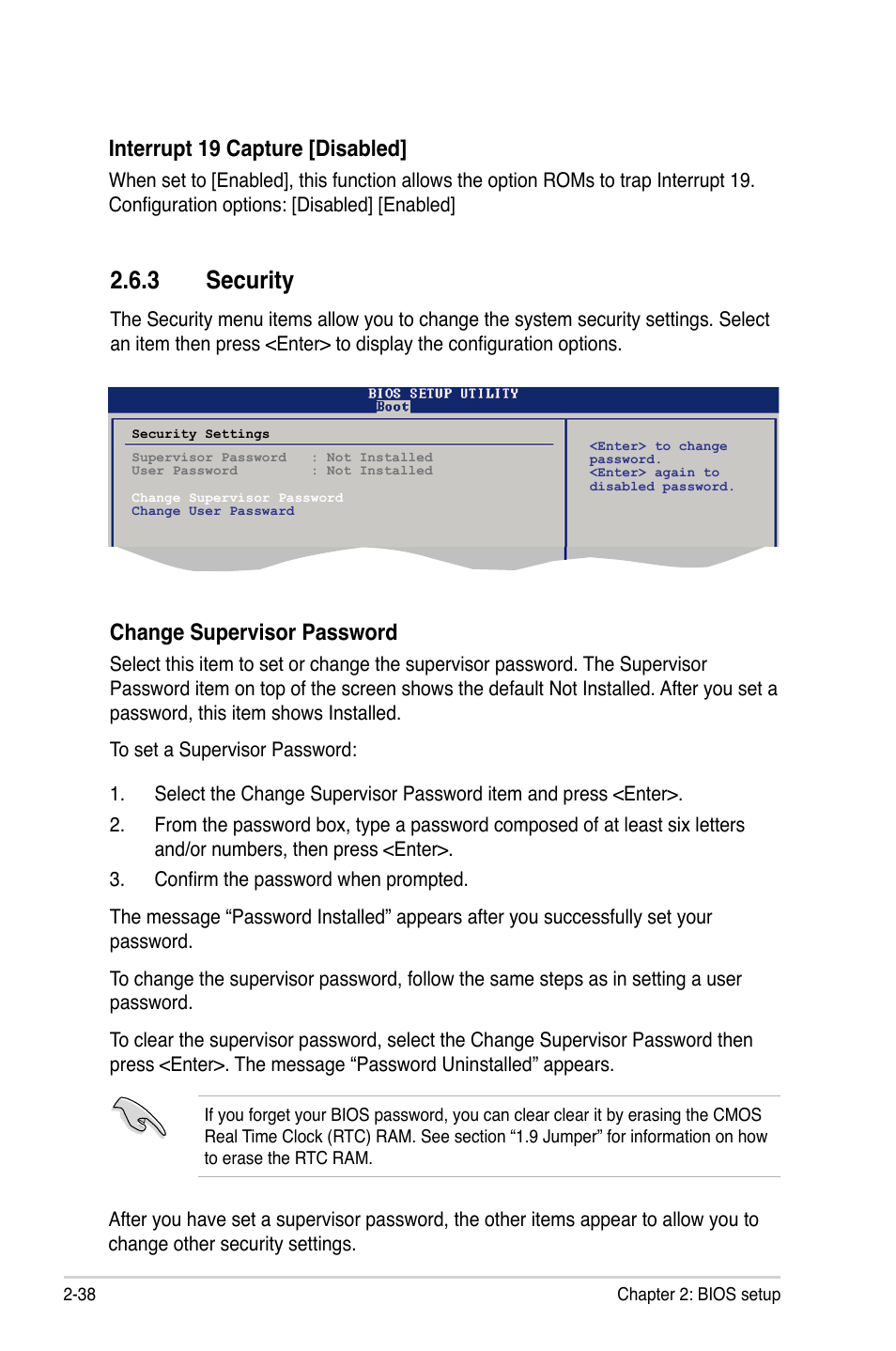 3 security, Interrupt 19 capture [disabled, Change supervisor password | Asus M3N78-CM User Manual | Page 84 / 110