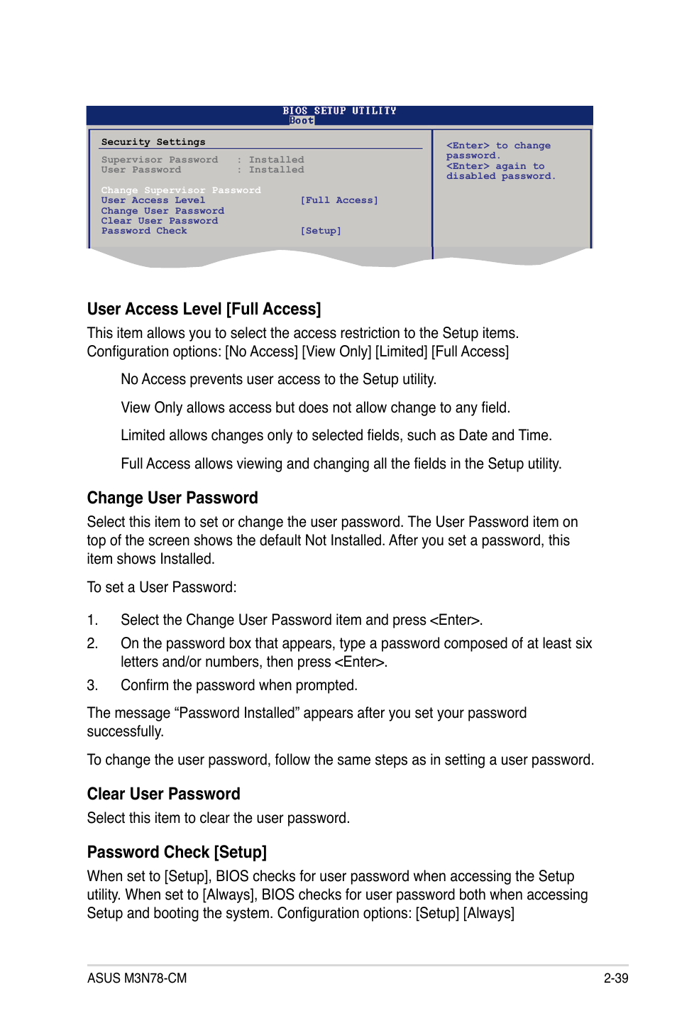 User access level [full access, Change user password, Clear user password | Password check [setup | Asus M3N78-CM User Manual | Page 85 / 110