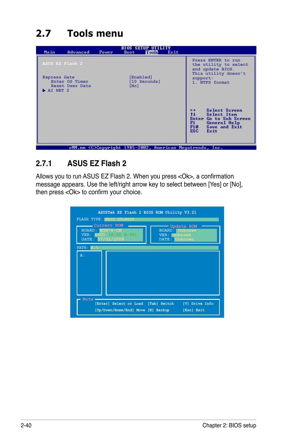 7 tools menu, 1 asus ez flash 2 | Asus M3N78-CM User Manual | Page 86 / 110