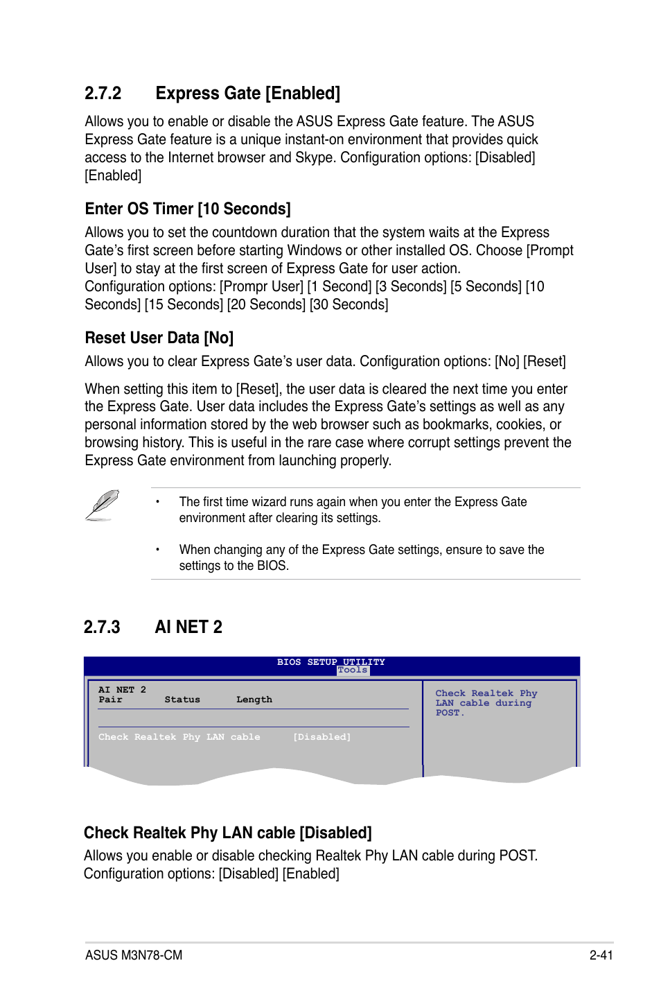 2 express gate [enabled, 3 ai net 2, Enter os timer [10 seconds | Reset user data [no, Check realtek phy lan cable [disabled | Asus M3N78-CM User Manual | Page 87 / 110