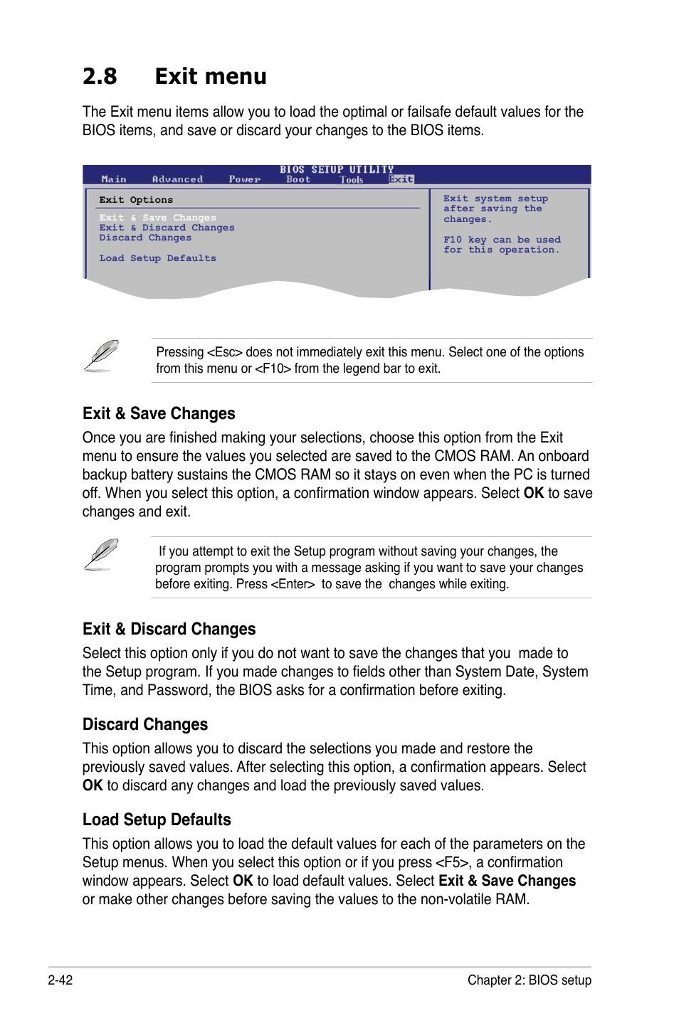 8 exit menu, Exit & discard changes, Discard changes | Load setup defaults, Exit & save changes | Asus M3N78-CM User Manual | Page 88 / 110